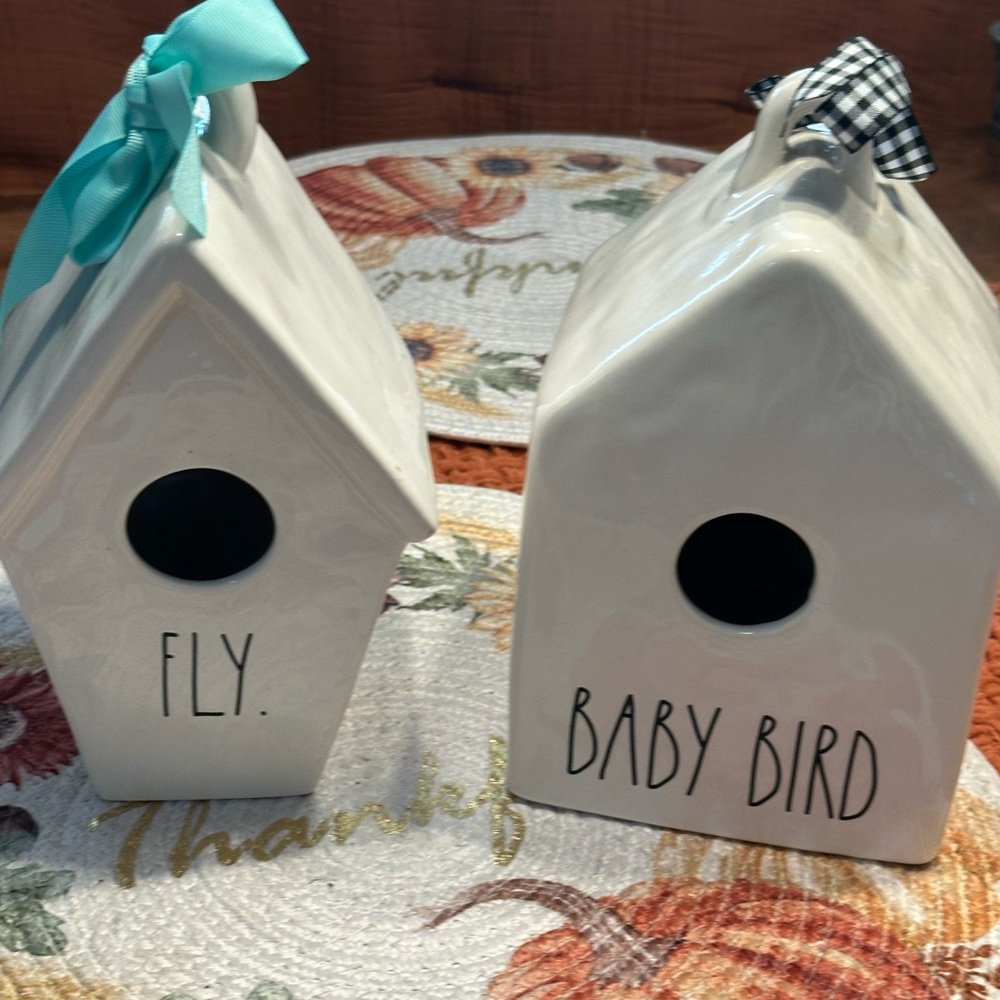 Rae Dunn Cream Birdhouses with Teal and Black Accents